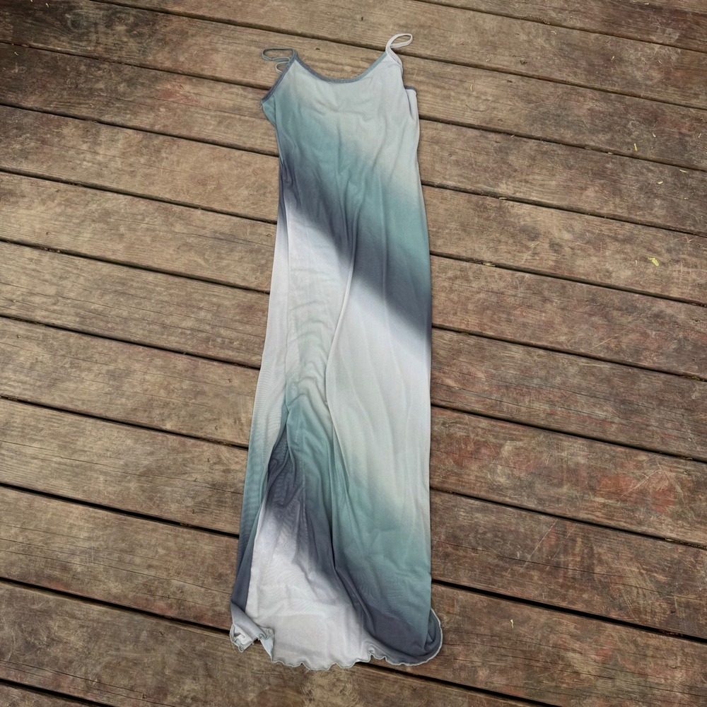 See You Monday Los Angeles Ombre Mesh Maxi Dress Sage Green Grey Medium